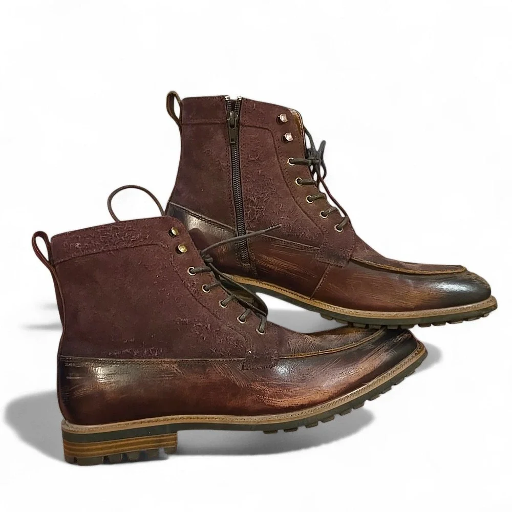La Milano Jace II Leather Boots Men 12 Burgundy Distressed Side Zip Lug Sole EUC